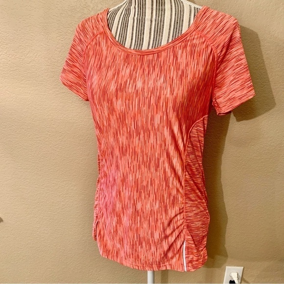 Velocity Athletic Top Large Coral Burgundy Grey Stripes Short-Sleeve Stretch - Picture 5 of 12